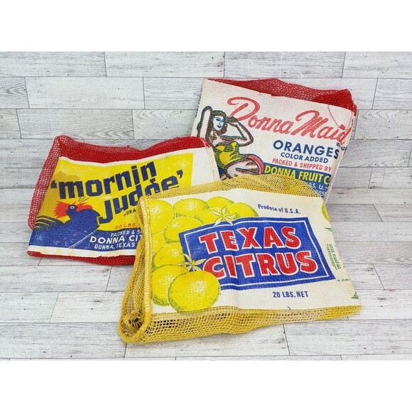Vintage Lot of 3 Texas Oranges Lemons Mesh Bushel Bags Bag Fruit Donna Citrus - Picture 8 of 16